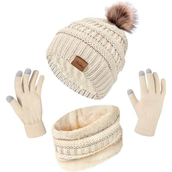 Winter Hat Scarf Touch Screen Gloves Set 3 Pcs Warm Knit Fleece Lined Beanie NEW - Picture 1 of 5